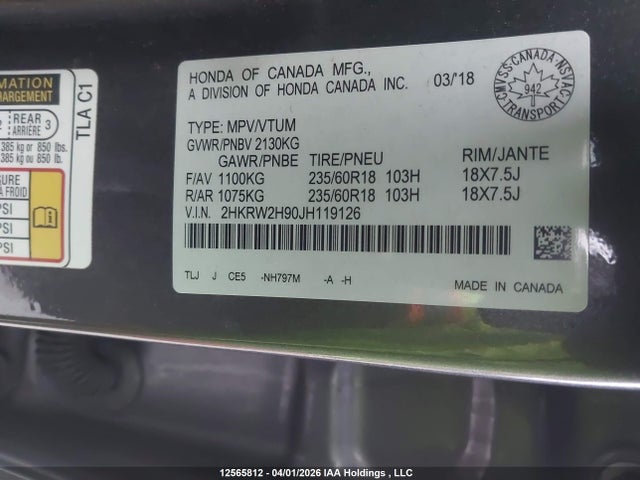 Продажа на аукционе авто 2018 Honda Cr-v Touring, vin: 2HKRW2H90JH119126, номер лота: 12565812