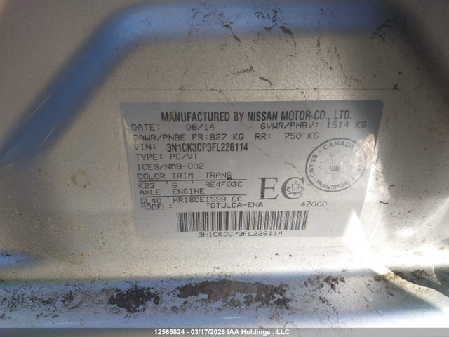 2015 Nissan Micra მანქანა იყიდება აუქციონზე, vin: 3N1CK3CP3FL226114, აუქციონის ნომერი: 12565824