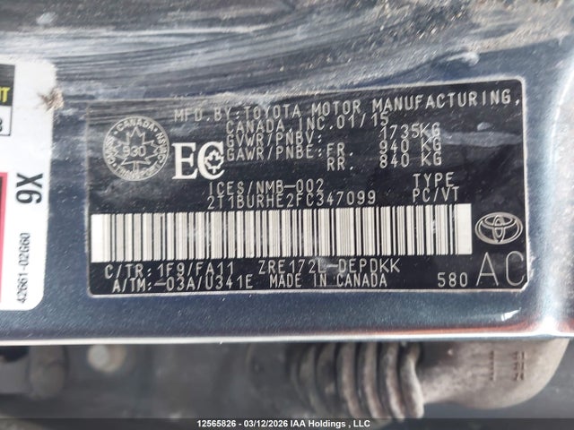 2015 Toyota Corolla Ce მანქანა იყიდება აუქციონზე, vin: 2T1BURHE2FC347099, აუქციონის ნომერი: 12565826