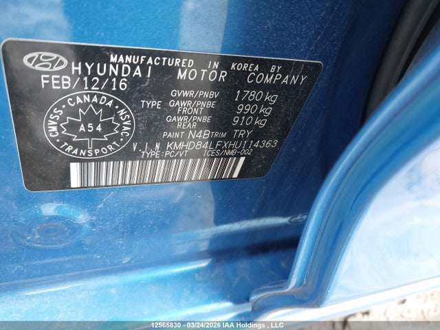 KMHD84LFXHU114363 Hyundai ELANTRA GL