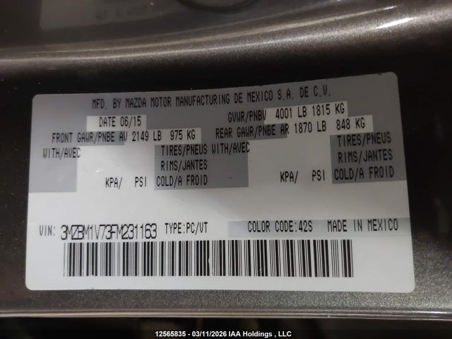 3MZBM1V73FM231163 Mazda 3 TOURING