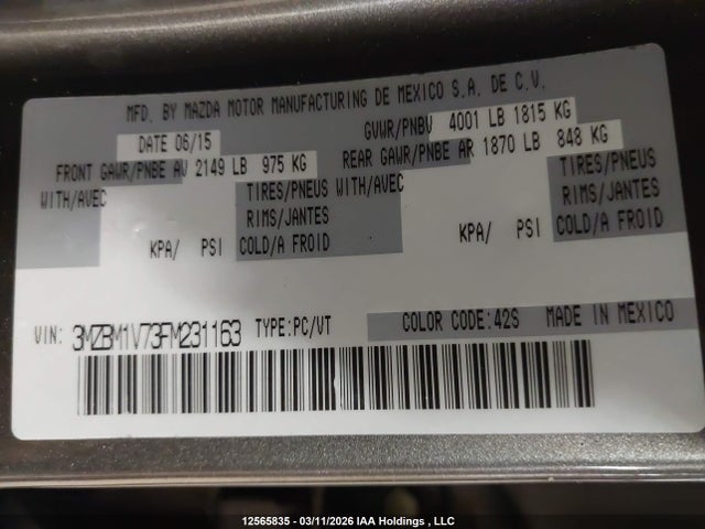 3MZBM1V73FM231163 Mazda 3 TOURING
