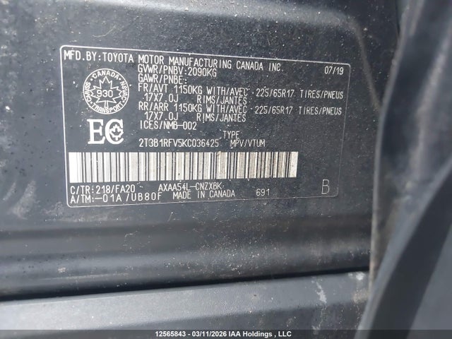 Aukcja sprzedaży 2019 Toyota Rav4 Le, vin: 2T3B1RFV5KC036425, numer aukcji: 12565843
