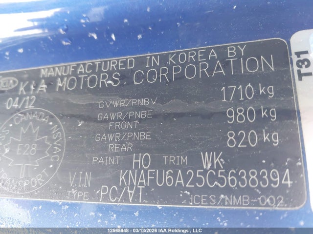 12565848 :رقم المزاد ، KNAFU6A25C5638394 vin ، 2012 Kia Forte Ex مزاد بيع