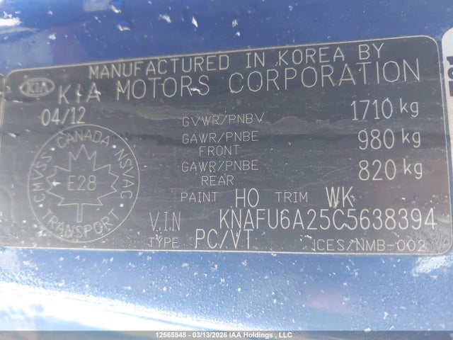 12565848 :رقم المزاد ، KNAFU6A25C5638394 vin ، 2012 Kia Forte Ex مزاد بيع