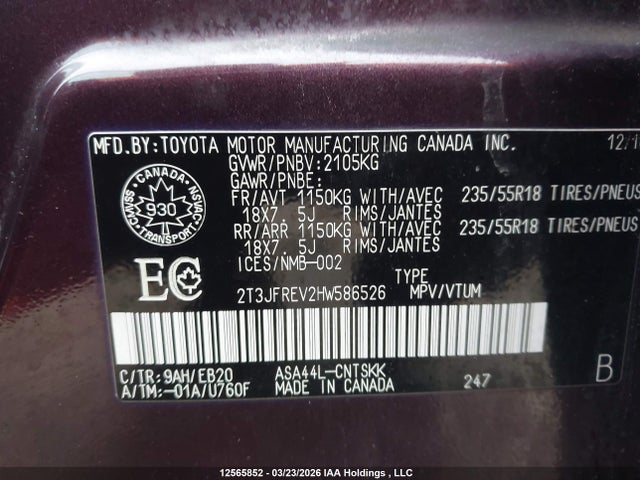 12565852 :رقم المزاد ، 2T3JFREV2HW586526 vin ، 2017 Toyota Rav4 Se مزاد بيع