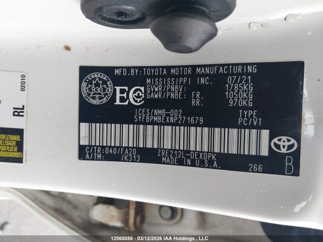 5YFBPMBEXNP271679 Toyota COROLLA L
