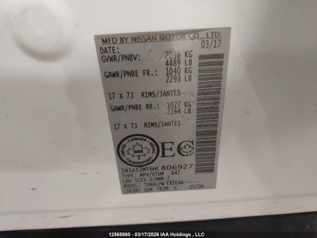 Продажа на аукционе авто 2017 Nissan Rogue, vin: 5N1AT2MT6HC806927, номер лота: 12565860