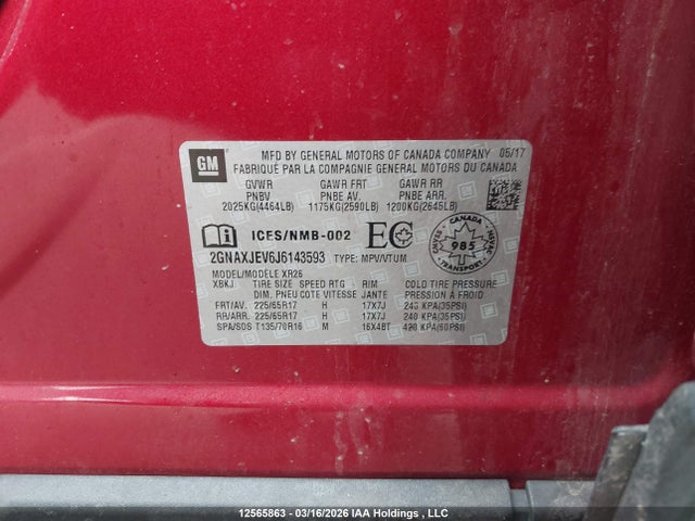 Продаж на аукціоні авто 2018 Chevrolet Equinox Lt, vin: 2GNAXJEV6J6143593, номер лоту: 12565863