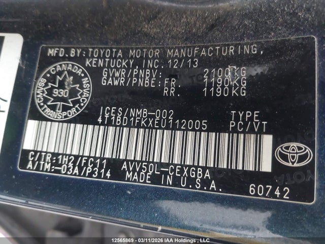 12565869 :رقم المزاد ، 4T1BD1FKXEU112005 vin ، 2014 Toyota Camry Hybrid/le/xle مزاد بيع