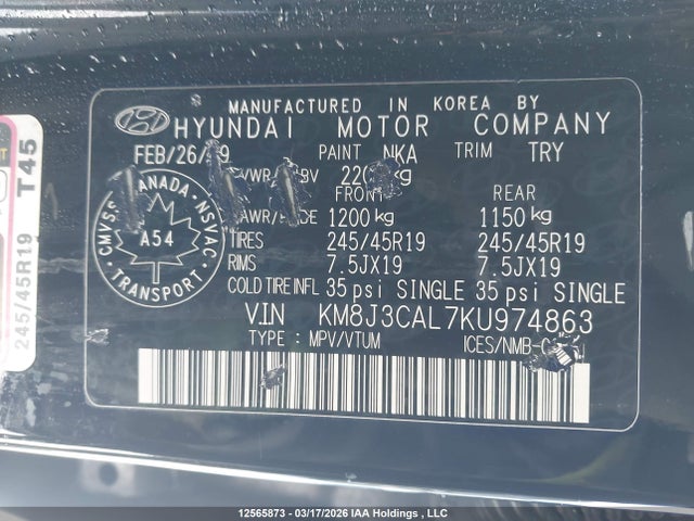 Продаж на аукціоні авто 2019 Hyundai Tucson Limited/sel/sport/ultimate/value/night, vin: KM8J3CAL7KU974863, номер лоту: 12565873