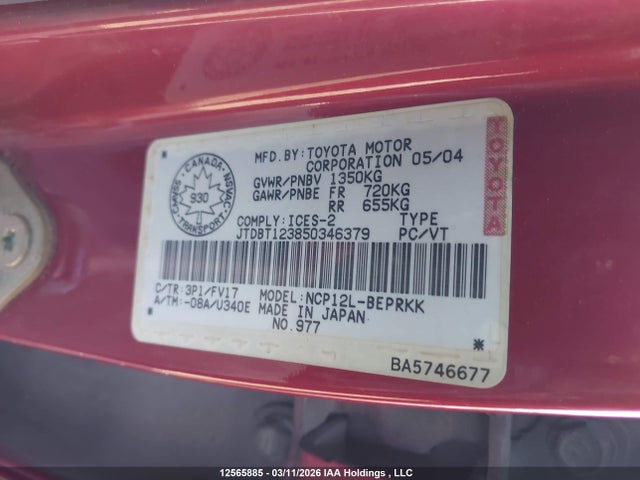 Aukcja sprzedaży 2005 Toyota Echo, vin: JTDBT123850346379, numer aukcji: 12565885