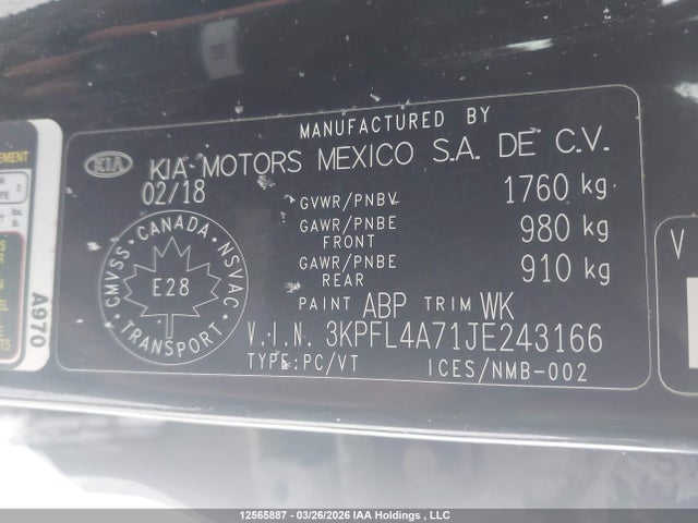 12565887 :رقم المزاد ، 3KPFL4A71JE243166 vin ، 2018 Kia Forte Lx/lx+ مزاد بيع