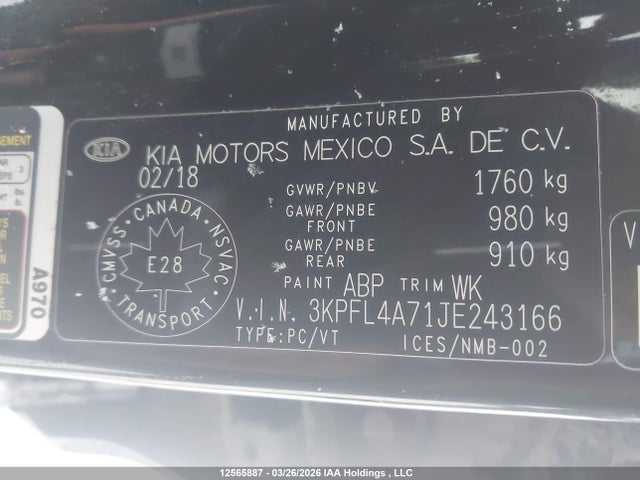 12565887 :رقم المزاد ، 3KPFL4A71JE243166 vin ، 2018 Kia Forte Lx/lx+ مزاد بيع