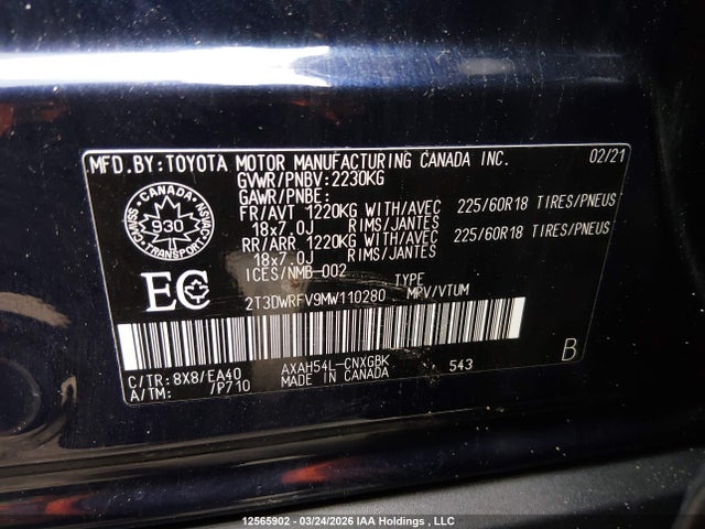 2021 Toyota Rav4 Hybrid მანქანა იყიდება აუქციონზე, vin: 2T3DWRFV9MW110280, აუქციონის ნომერი: 12565902