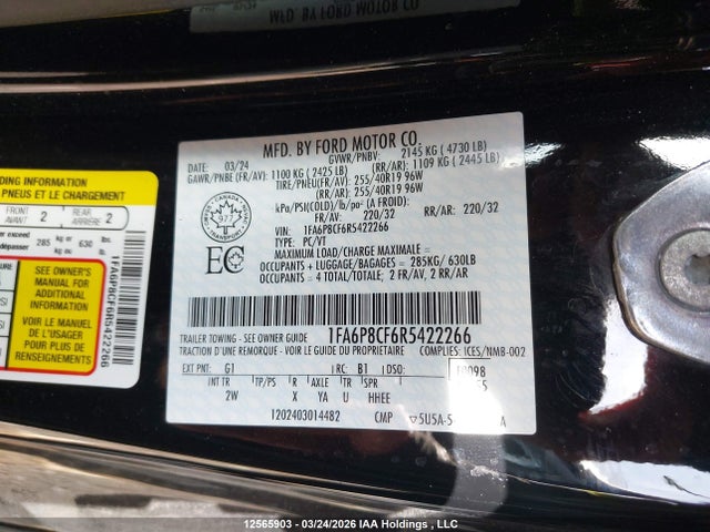 12565903 :رقم المزاد ، 1FA6P8CF6R5422266 vin ، 2024 Ford Mustang Gt مزاد بيع