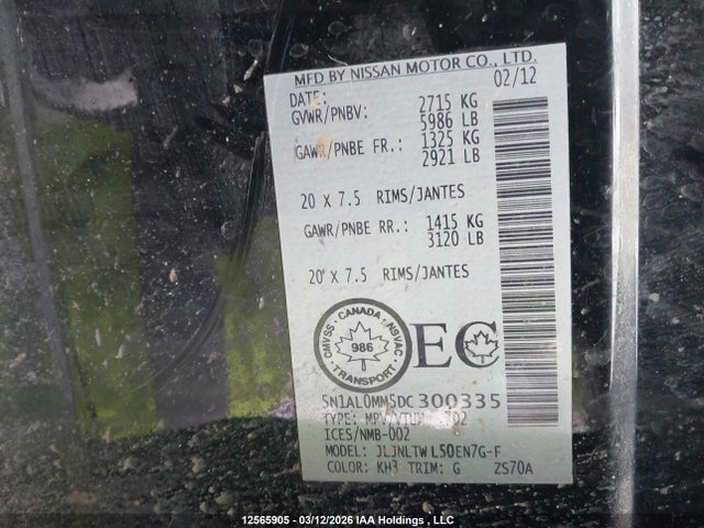 Auction sale of the 2013 Infiniti Jx35, vin: 5N1AL0MM5DC300335, lot number: 12565905