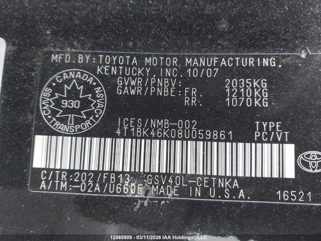 12565909 :رقم المزاد ، 4T1BK46K08U059861 vin ، 2008 Toyota Camry Le V6 مزاد بيع