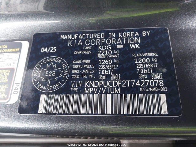 Продажа на аукционе авто 2026 Kia Sportage Lx, vin: KNDPUCDF2T7427078, номер лота: 12565912