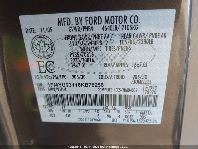 12565915 :رقم المزاد ، 1FMYU93116KB76256 vin ، 2006 Ford Escape Xlt مزاد بيع