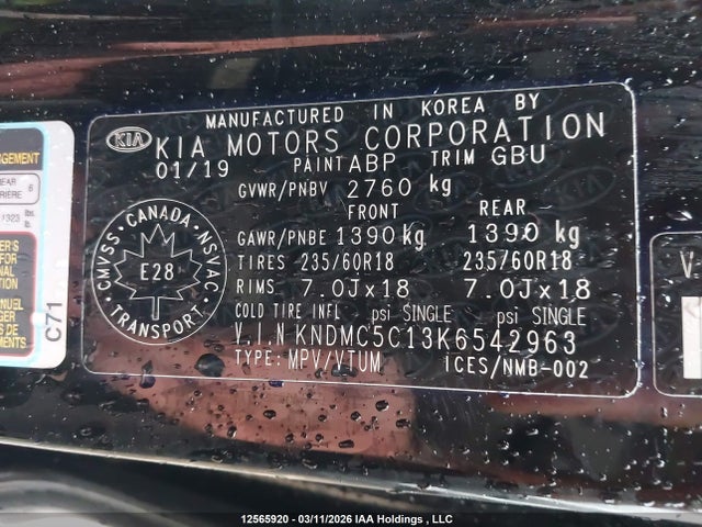 2019 Kia Sedona Sx მანქანა იყიდება აუქციონზე, vin: KNDMC5C13K6542963, აუქციონის ნომერი: 12565920