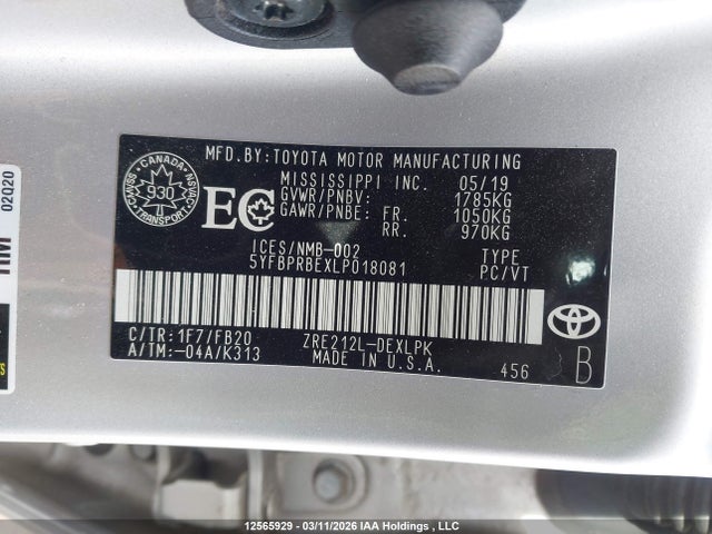 12565929 :رقم المزاد ، 5YFBPRBEXLP018081 vin ، 2020 Toyota Corolla Le مزاد بيع