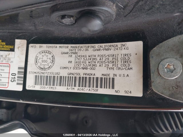 2007 Toyota Tacoma Double Cab Long Bed მანქანა იყიდება აუქციონზე, vin: 5TEMU52N07Z331182, აუქციონის ნომერი: 12565931