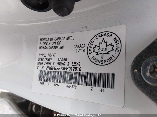 2015 Honda Civic Touring მანქანა იყიდება აუქციონზე, vin: 2HGFB2F73FH012816, აუქციონის ნომერი: 12565940