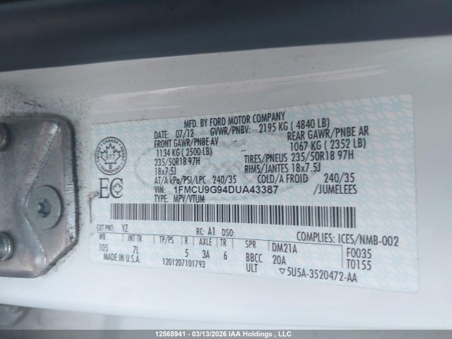 12565941 :رقم المزاد ، 1FMCU9G94DUA43387 vin ، 2013 Ford Escape Se مزاد بيع