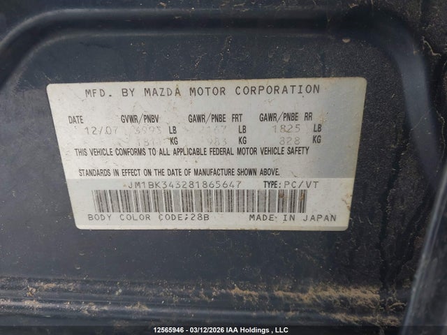 Продаж на аукціоні авто 2008 Mazda 3 Hatchback, vin: JM1BK343281865647, номер лоту: 12565946