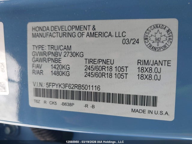 Продаж на аукціоні авто 2024 Honda Ridgeline Trailsport, vin: 5FPYK3F62RB501116, номер лоту: 12565950