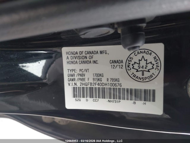 12565953 :رقم المزاد ، 2HGFB2F40DH100676 vin ، 2013 Honda Civic مزاد بيع