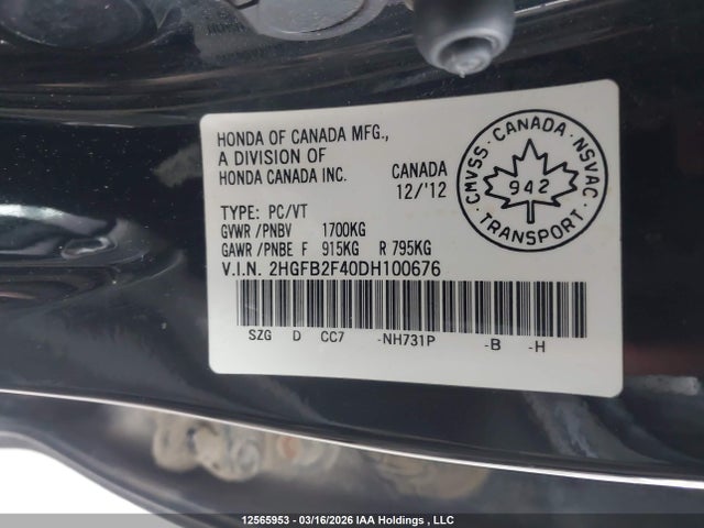 12565953 :رقم المزاد ، 2HGFB2F40DH100676 vin ، 2013 Honda Civic مزاد بيع