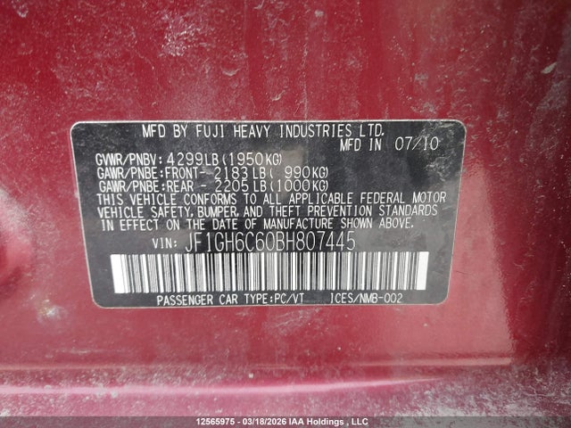 Aukcja sprzedaży 2011 Subaru Impreza 2.5i, vin: JF1GH6C60BH807445, numer aukcji: 12565975