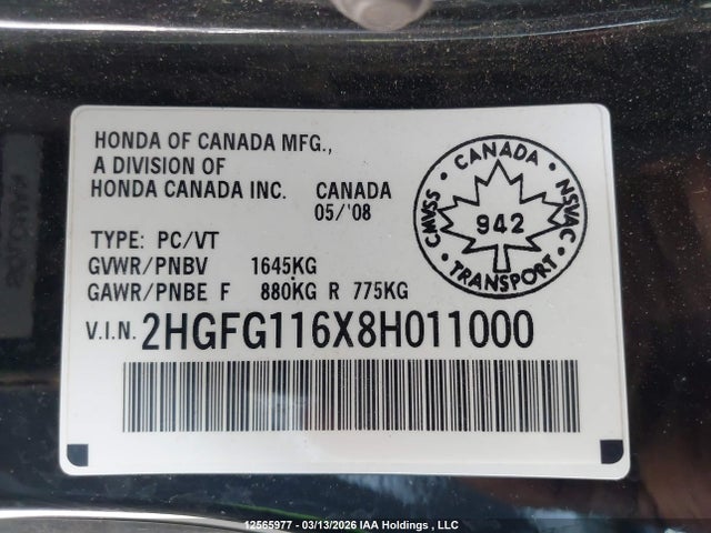 Продаж на аукціоні авто 2008 Honda Civic, vin: 2HGFG116X8H011000, номер лоту: 12565977