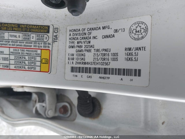 12565983 :رقم المزاد ، 2HKRM4H37EH102567 vin ، 2014 Honda Cr-v Lx مزاد بيع