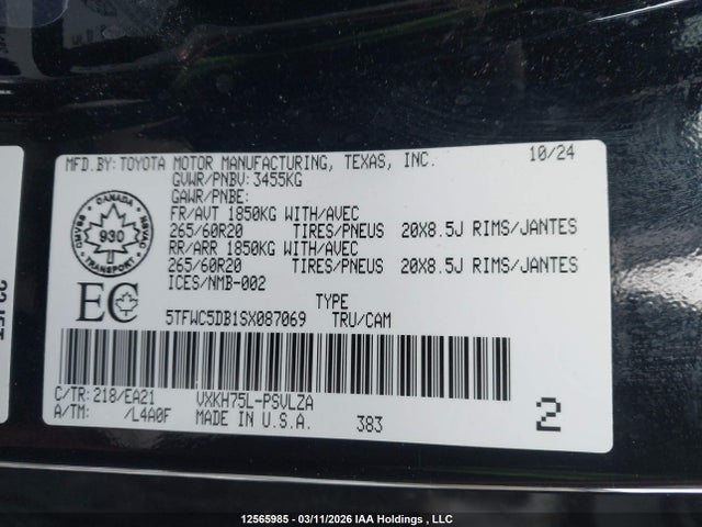 Продаж на аукціоні авто 2025 Toyota Tundra Hybrid Limited 4x4, vin: 5TFWC5DB1SX087069, номер лоту: 12565985