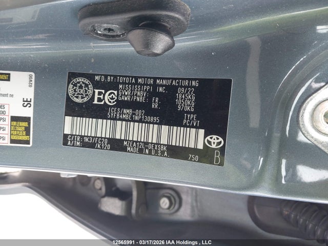 12565991 :رقم المزاد ، 5YFB4MBE1NP130895 vin ، 2022 Toyota Corolla مزاد بيع