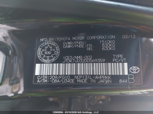 Aukcja sprzedaży 2013 Toyota Yaris Le, vin: JTDKTUD32DD569359, numer aukcji: 12565994