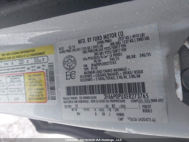 12565996 :رقم المزاد ، 3FA6P0PUXER273765 vin ، 2014 Ford Fusion مزاد بيع