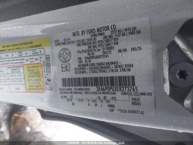 12565996 :رقم المزاد ، 3FA6P0PUXER273765 vin ، 2014 Ford Fusion مزاد بيع