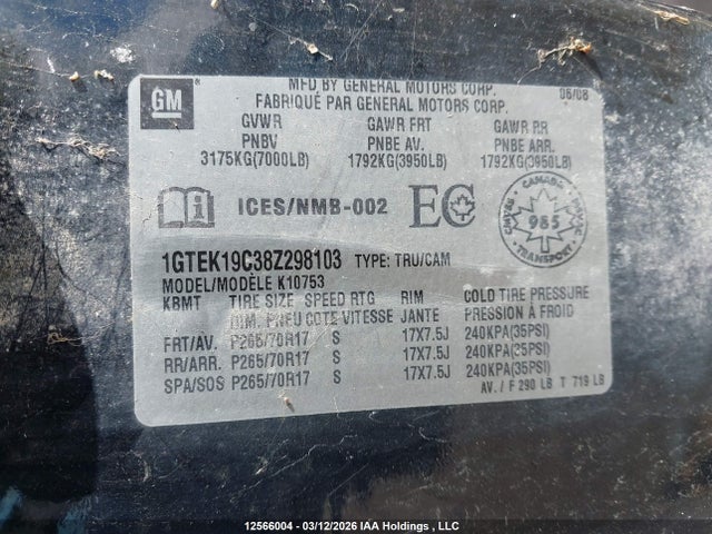 2008 Gmc Sierra K1500 მანქანა იყიდება აუქციონზე, vin: 1GTEK19C38Z298103, აუქციონის ნომერი: 12566004