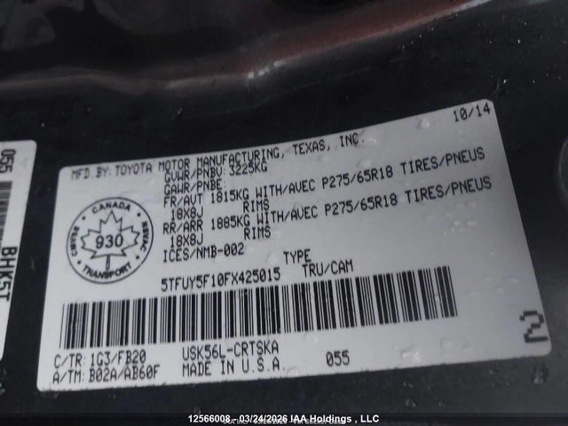 Продажа на аукционе авто 2015 Toyota Tundra Sr 5.7l V8, vin: 5TFUY5F10FX425015, номер лота: 12566008