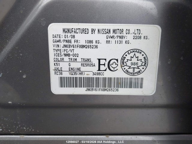 Aukcja sprzedaży 2008 Infiniti G35, vin: JNKBV61FX8M265236, numer aukcji: 12566027