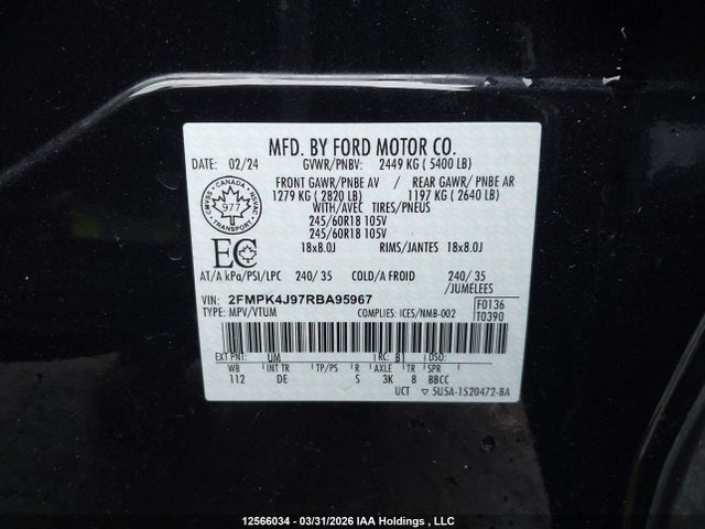 Aukcja sprzedaży 2024 Ford Edge Sel, vin: 2FMPK4J97RBA95967, numer aukcji: 12566034
