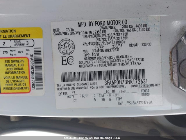 Aukcja sprzedaży 2017 Ford Fusion Se, vin: 3FA6P0H73HR172631, numer aukcji: 12566038