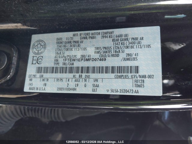 2021 Ford F-150 Xlt მანქანა იყიდება აუქციონზე, vin: 1FTEW1EP3MFD07469, აუქციონის ნომერი: 12566052