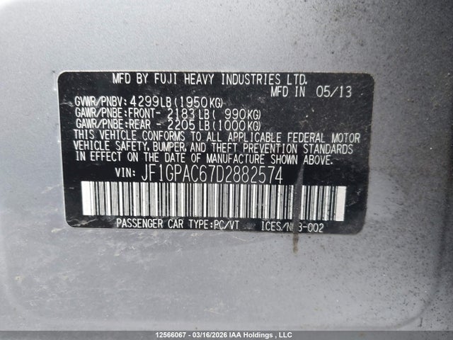 Aukcja sprzedaży 2013 Subaru Impreza 2.0i Touring Package, vin: JF1GPAC67D2882574, numer aukcji: 12566067