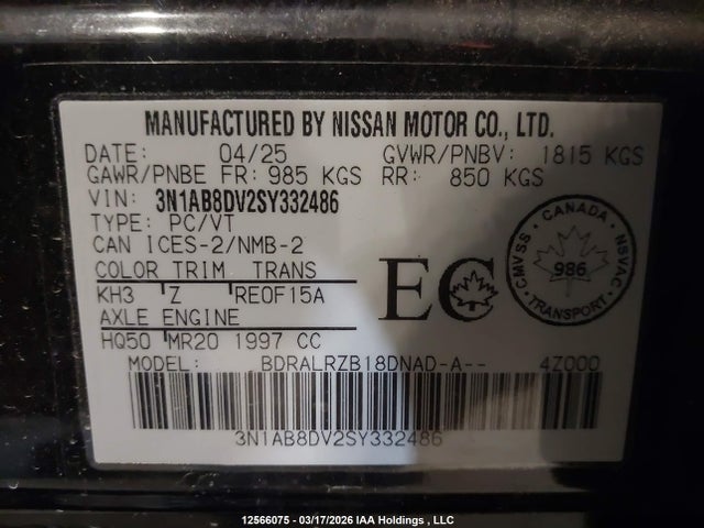 12566075 :رقم المزاد ، 3N1AB8DV2SY332486 vin ، 2025 Nissan Sentra Sr مزاد بيع
