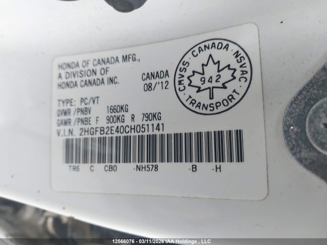 Aukcja sprzedaży 2012 Honda Civic, vin: 2HGFB2E40CH051141, numer aukcji: 12566076